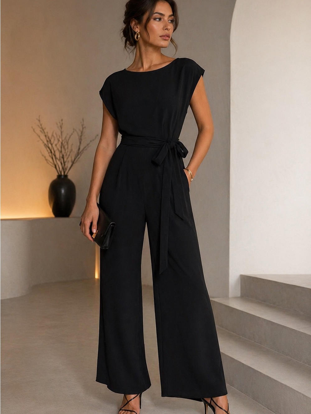 Eliza J Black Wide-Leg Jumpsuit – Size 6 – Chic Belted Evening Wear